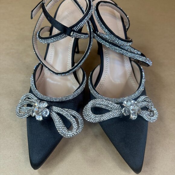 Hayixia Black Satin Rhinestone Bow Pointed Toe Ankle Strap Kitten Heels Sz. 7.5 - Picture 2 of 15